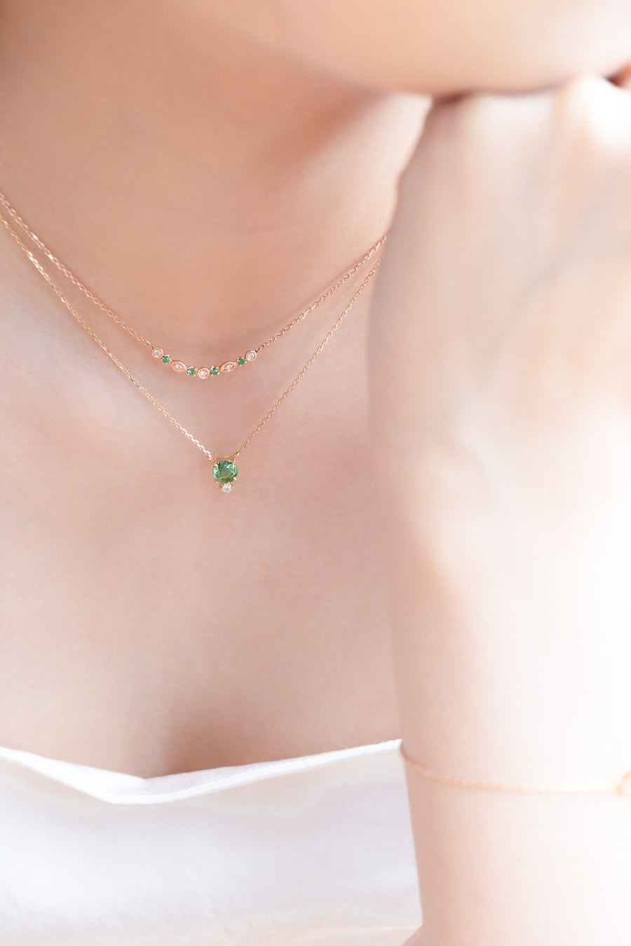 Milgrain Smile Emerald & Diamonds 18K Rose Gold Necklace