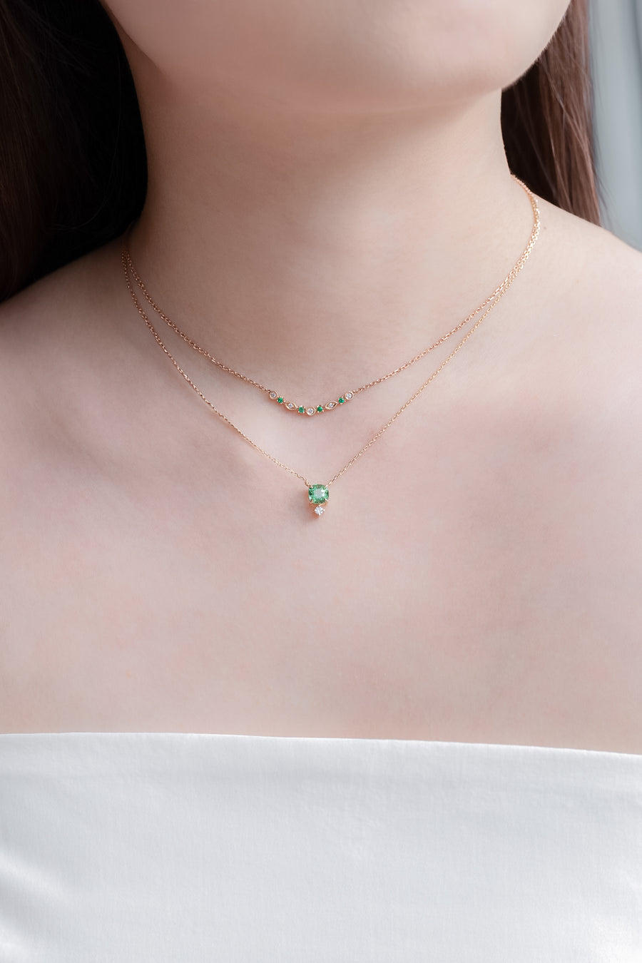 PREORDER - Marquise and round-Shaped Emerald & Diamond 14/18K Gold Necklace