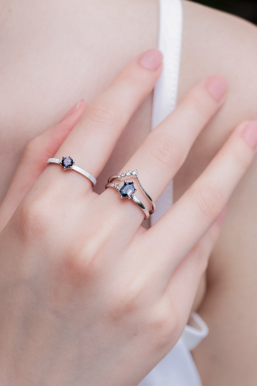 Top Quality Three Tiny diamond V Shape Stacking Ring