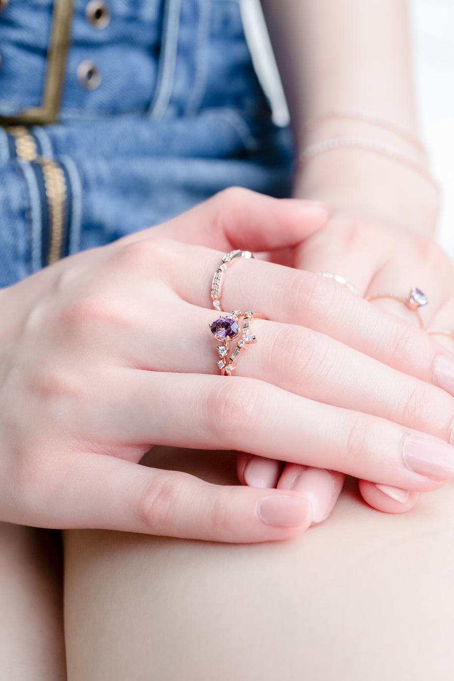 Baguette and Round Brilliant White Diamonds total ~0.15carat 14K/18K Gold Stacking Ring