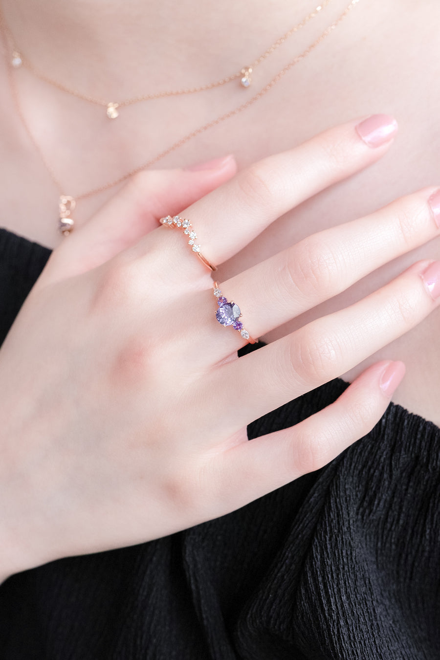 Fasciné par toi 0.70ct Lavender Spinel (Unheated with Certificate) with Sapphire & diamond 18K Rose Gold Ring