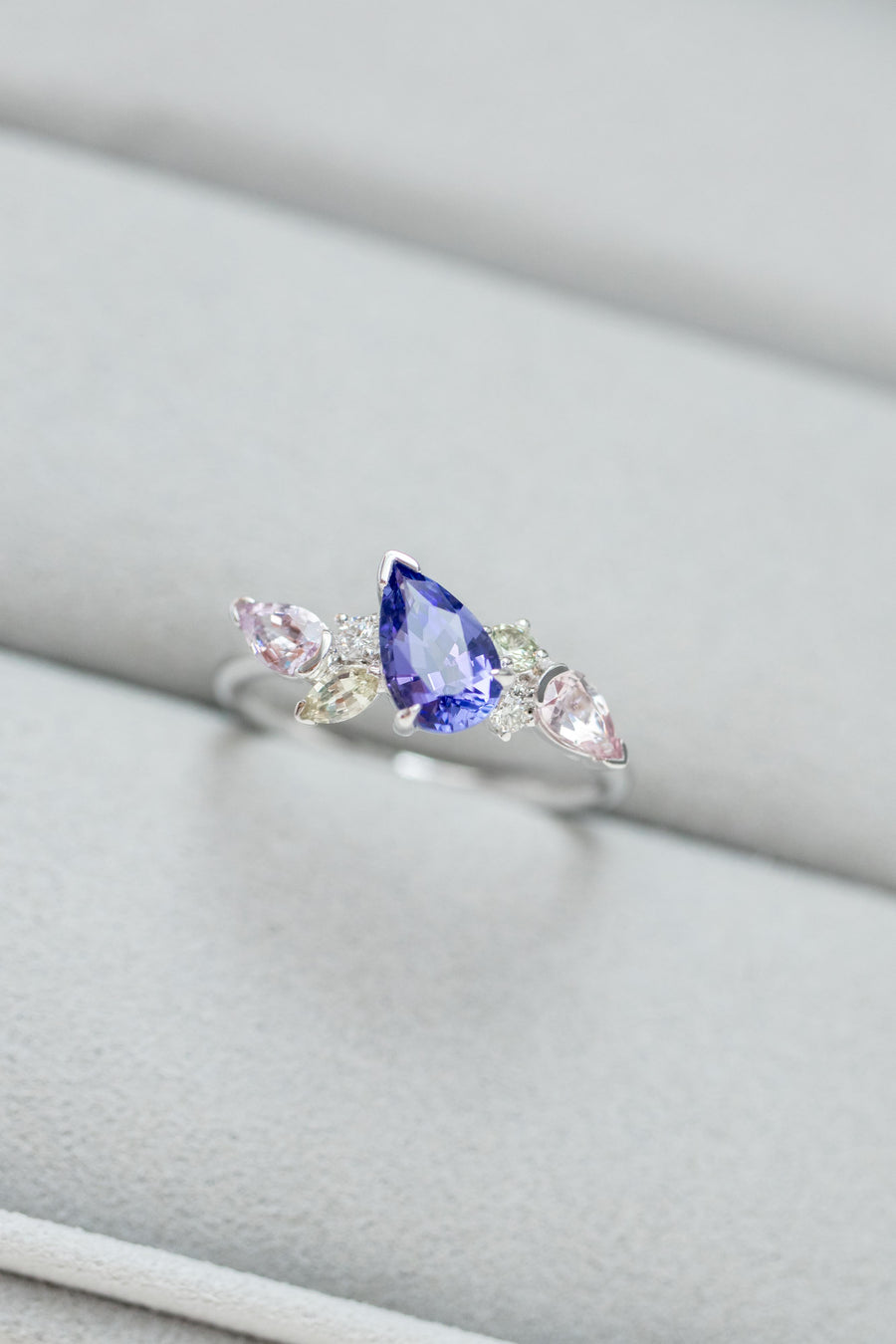 Summer Forest 0.75ct Pear Tanzanite & Sapphire 18K White Gold Ring