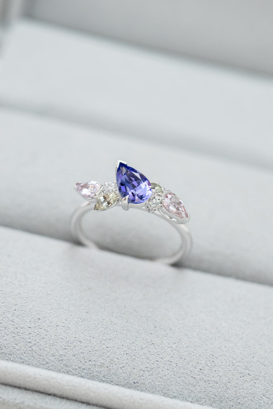 Summer Forest 0.75ct Pear Tanzanite & Sapphire 18K White Gold Ring