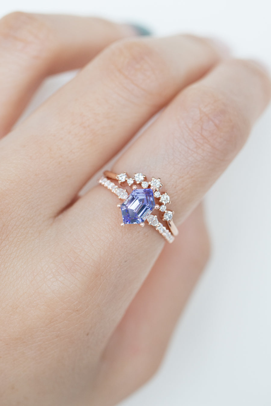 1.09ct Signature Hexagon Tanzanite & diamond 18K Rose Gold Half Eternity Ring