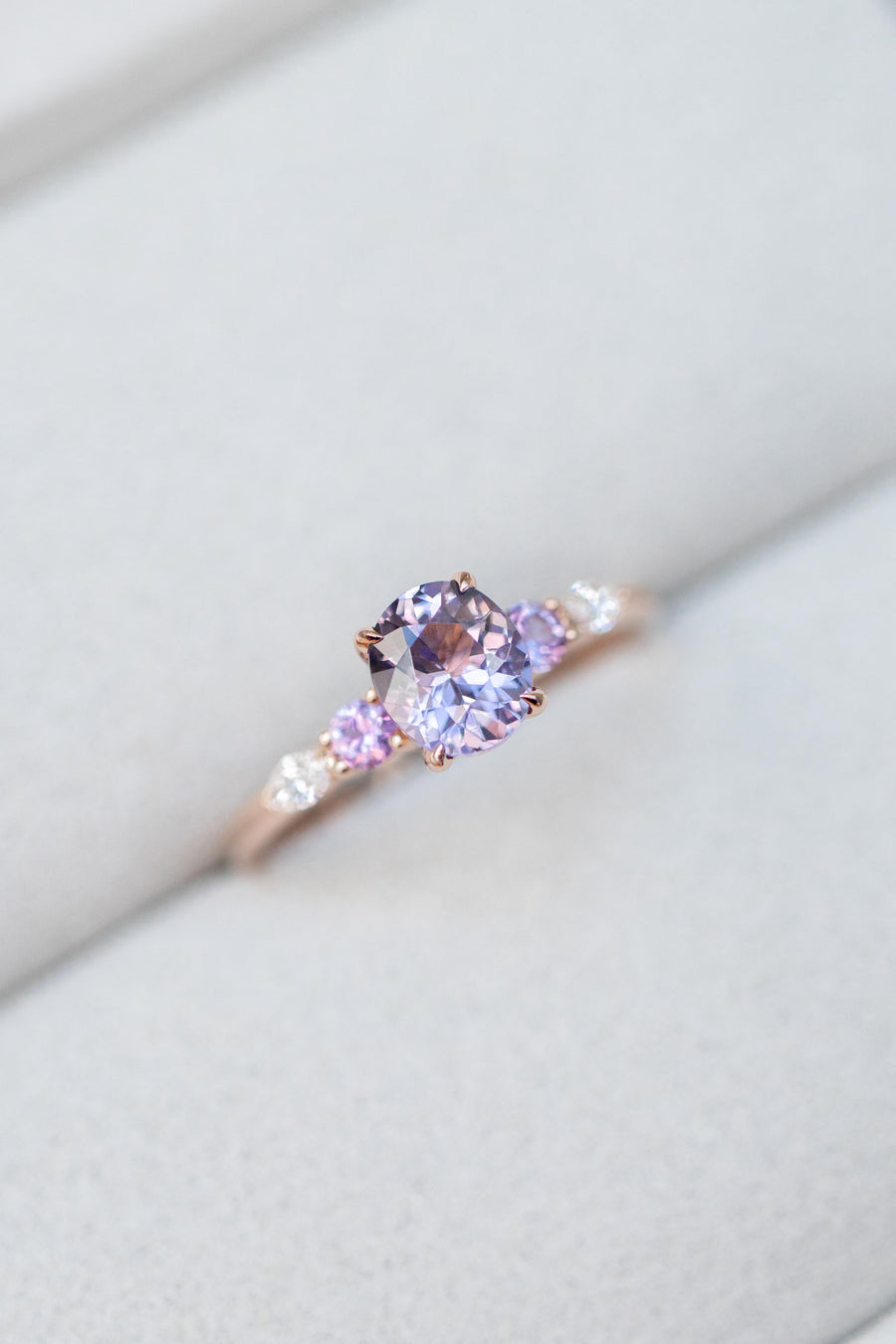 Fantasy Five Stone 0.70ct Lavender Spinel (Unheated with Certificate) with Sapphire & diamond 18K Rose Gold Ring