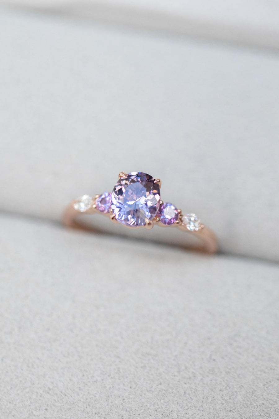 Fantasy Five Stone 0.70ct Lavender Spinel (Unheated with Certificate) with Sapphire & diamond 18K Rose Gold Ring