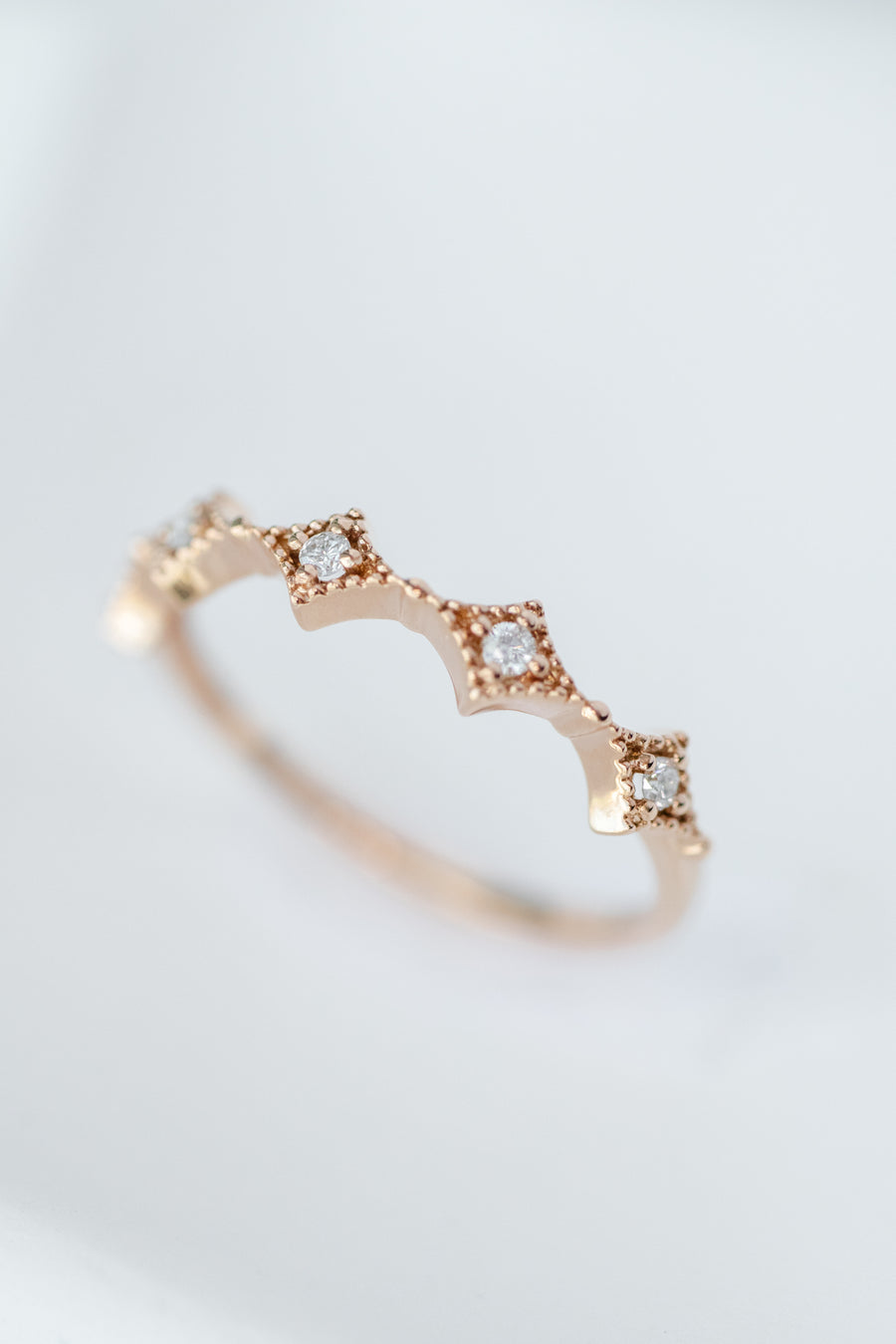 Five diamond 18K Gold Beaded Ring