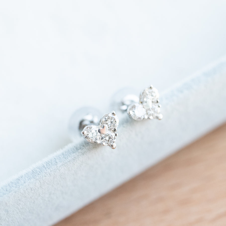 PREORDER - Japan Heart Cluster Diamond 18K White Gold Stud Earrings