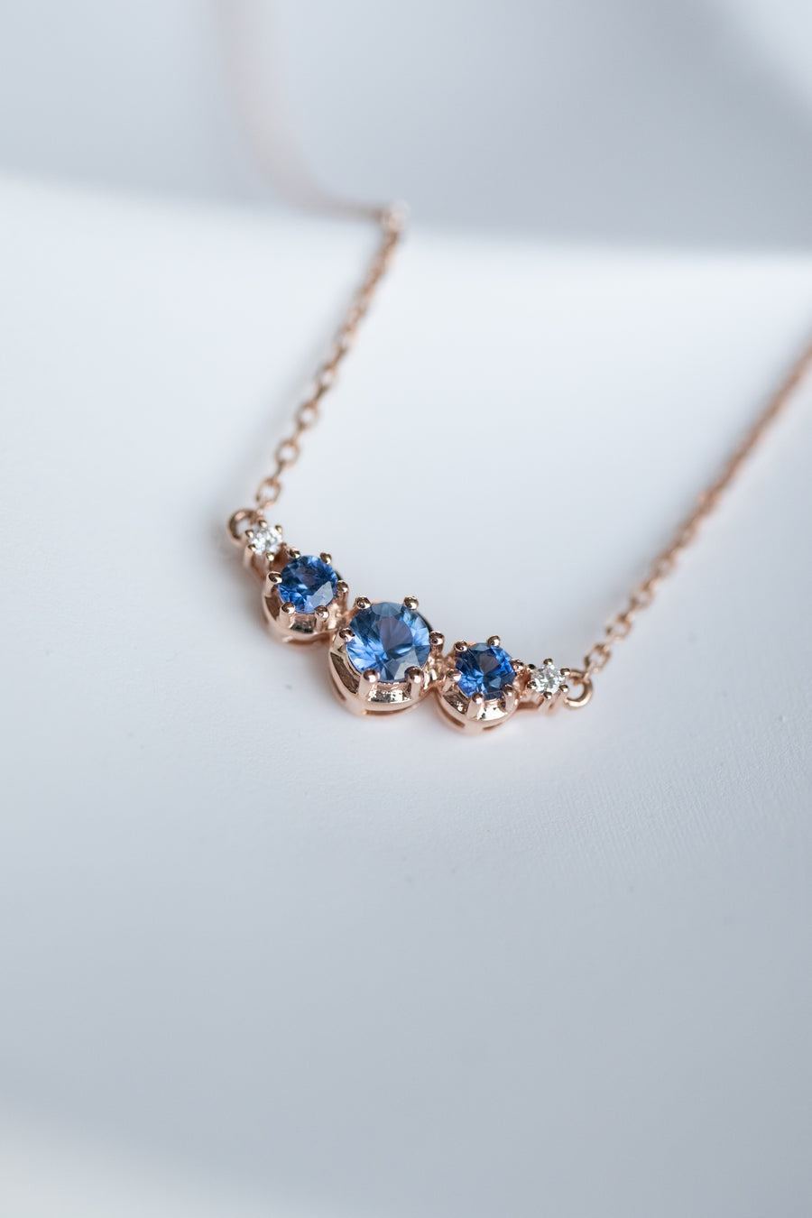 PREORDER - Three Stone total ~0.28ct Blue Sapphire & Natural Diamonds 18K Gold Necklace