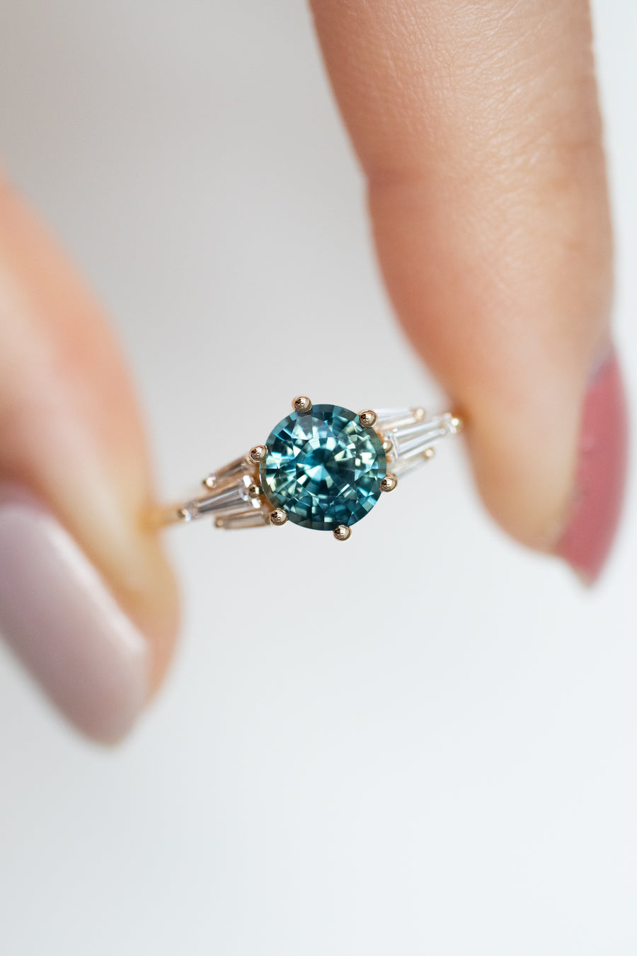 Tapered Baguette 1.05ct Teal Green Sapphire (Unheated with Certificate) & diamond 18K Yellow Gold Engagement Ring